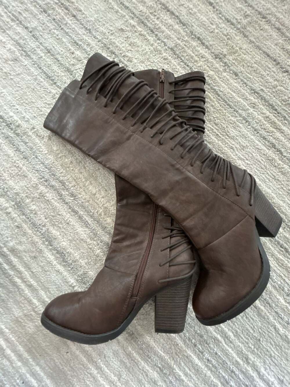 Brown Faux Leather Lace-Up Block Heel Boots Size 9